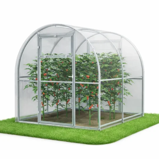 Szklarnia z poliwęglanu 2,4 × 2 m z drzwiami i oknem wentylacyjnym