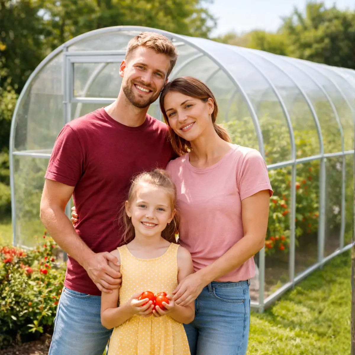 Rodzina przy szklarni ogrodowej uprawa warzyw w przydomowym ogrodzie