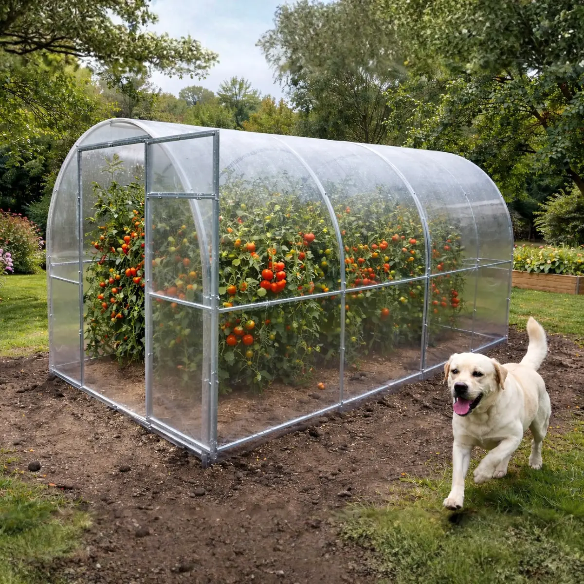 Szklarnia ogrodowa z poliwęglanu z pomidorami w ogrodzie przy domu