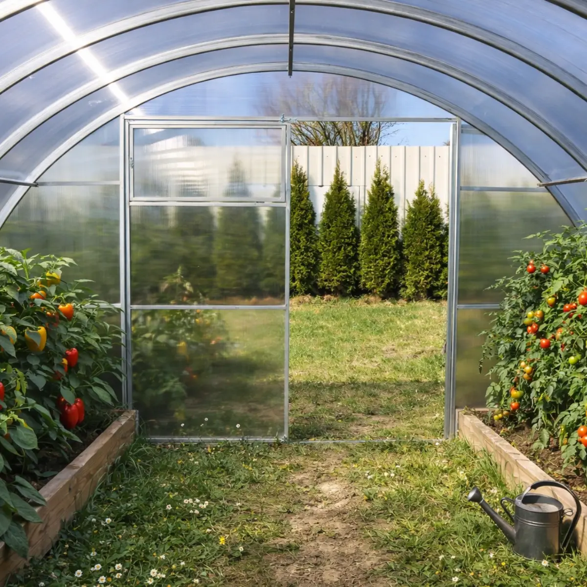 Wnętrze szklarni ogrodowej wentylacja i rozmieszczenie roślin w tunelu
