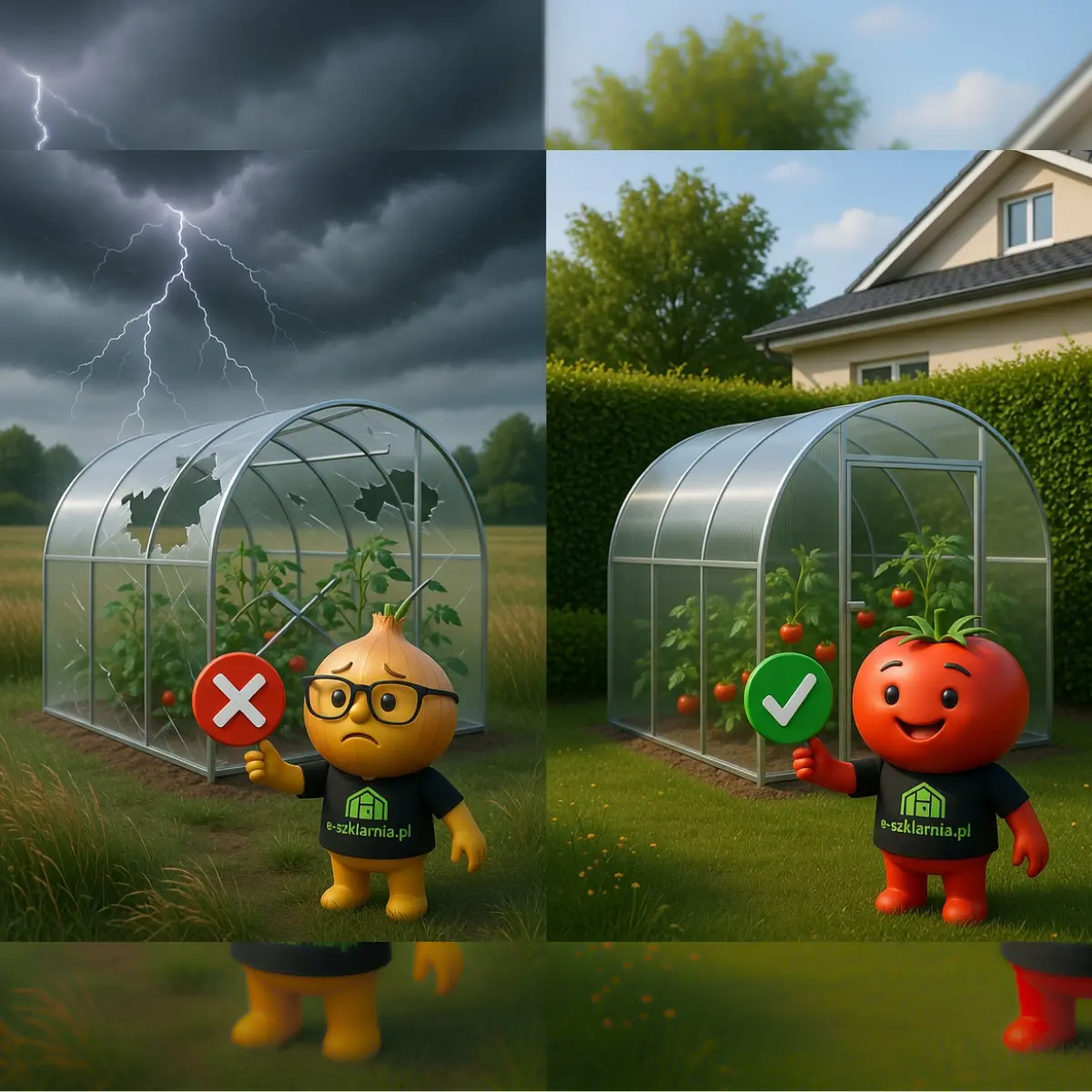 Szklarnia przed i po zabezpieczeniu jak chronić tunel ogrodowy przed burzą